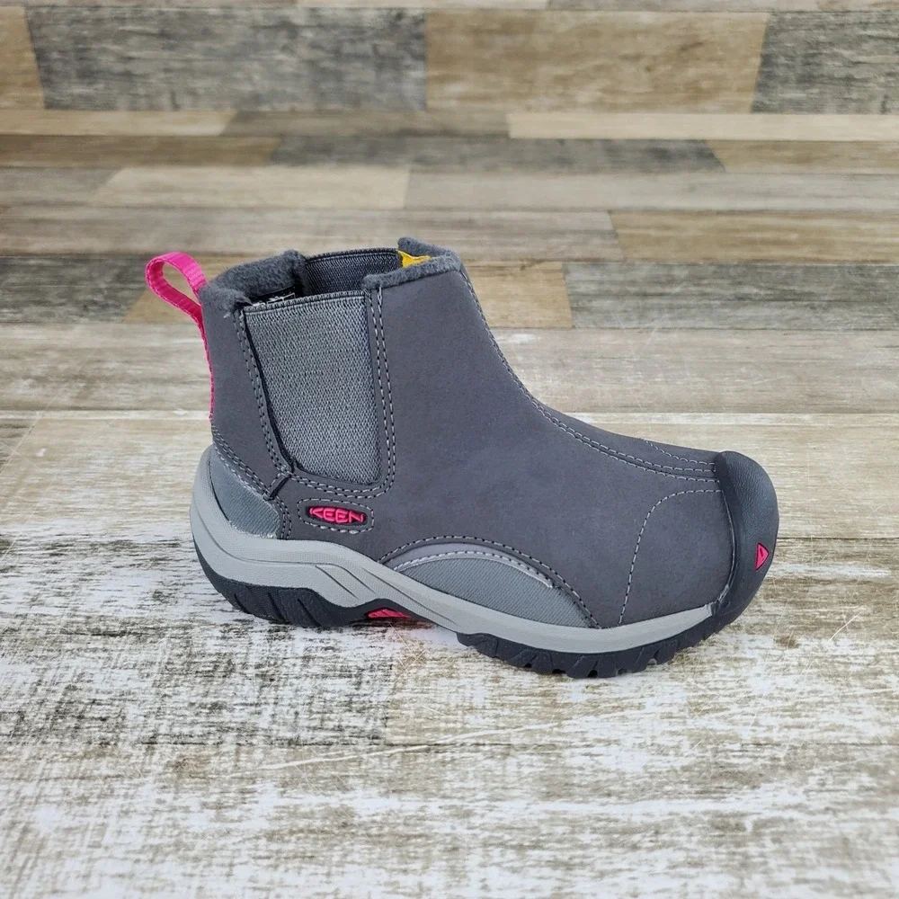 Keen Kootenay III Kids Chelsea Boots Sz 8 Gray Leather Slip On Mid Top Round Toe
